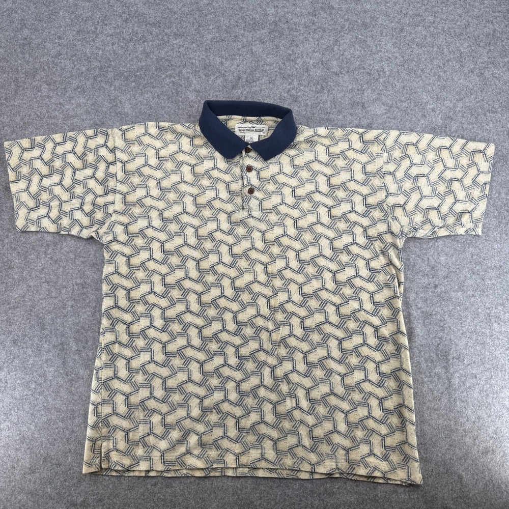 Natural Issue Mens Polo Shirt XLT Blue Cream Geometric Print Cotton Short Sleeve